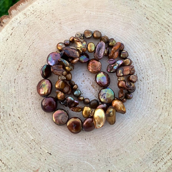 Natural Brown & Copper Cultured Baroque High Luster Freshwater Pearl Bracelets - Picture 4 of 15